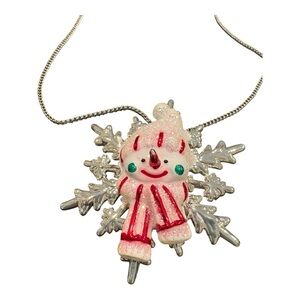 Best Snowman Crystal Glitter Enamel Silver Snowflake Necklace Brooch J22